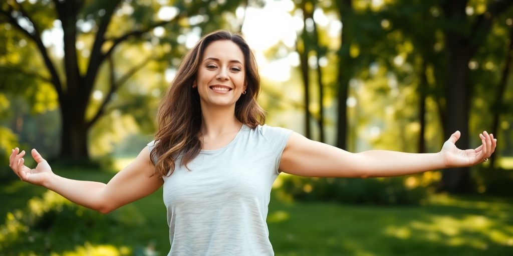 Woman practicing yoga in nature for stress relief.