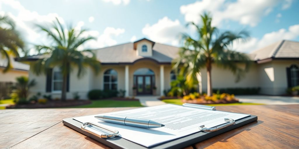 Florida home with palm trees and a clipboard on table.