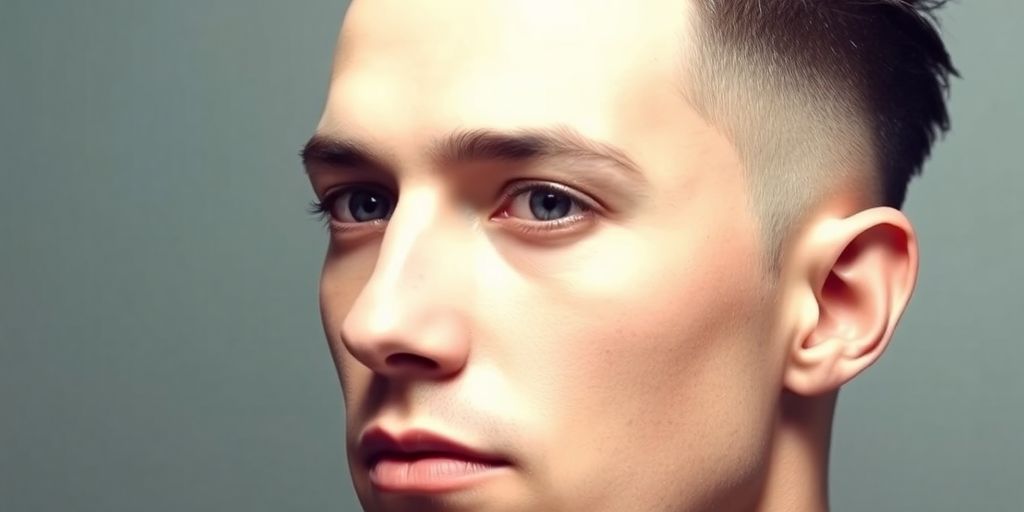 Man with edgy, modern haircut, soft lighting.