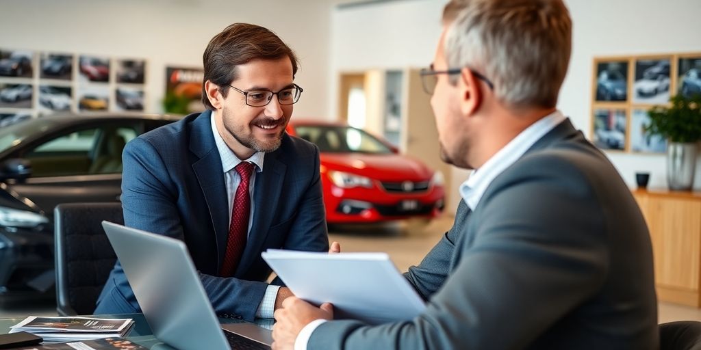 Car broker discussing options with a client in office.