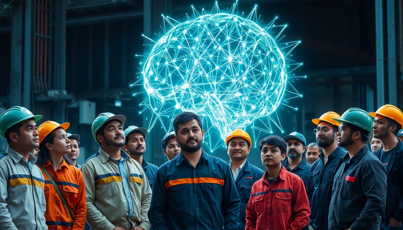 A diverse group of workers looking concernedly at a glowing, abstract representation of AI.