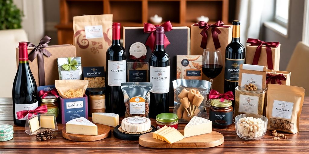 Gourmet food and beverage gift sets on a table.