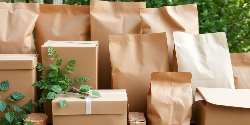 Biodegradable packaging items arranged neatly.
