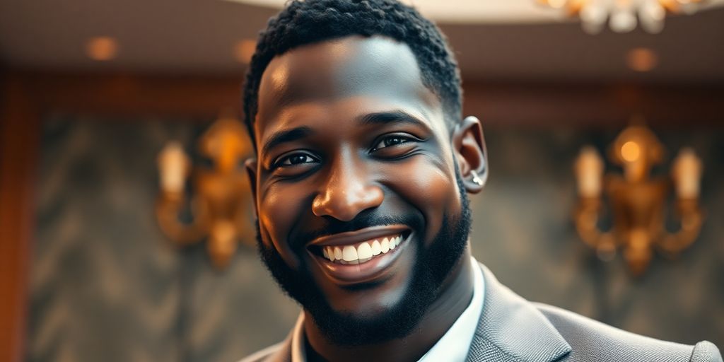 D'wayne Wiggins smiling confidently in a stylish outfit.