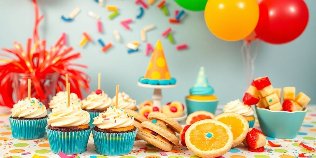 A table filled with colourful party treats for kids.
