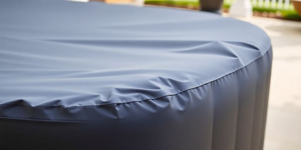 A deflated hot tub cover folded neatly on a clean patio.