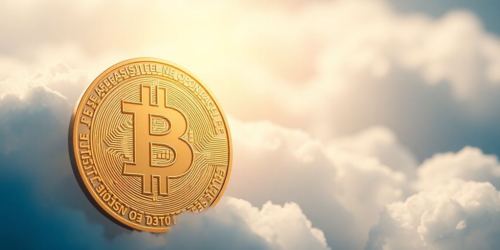 Digital currency coin ascending through clouds.