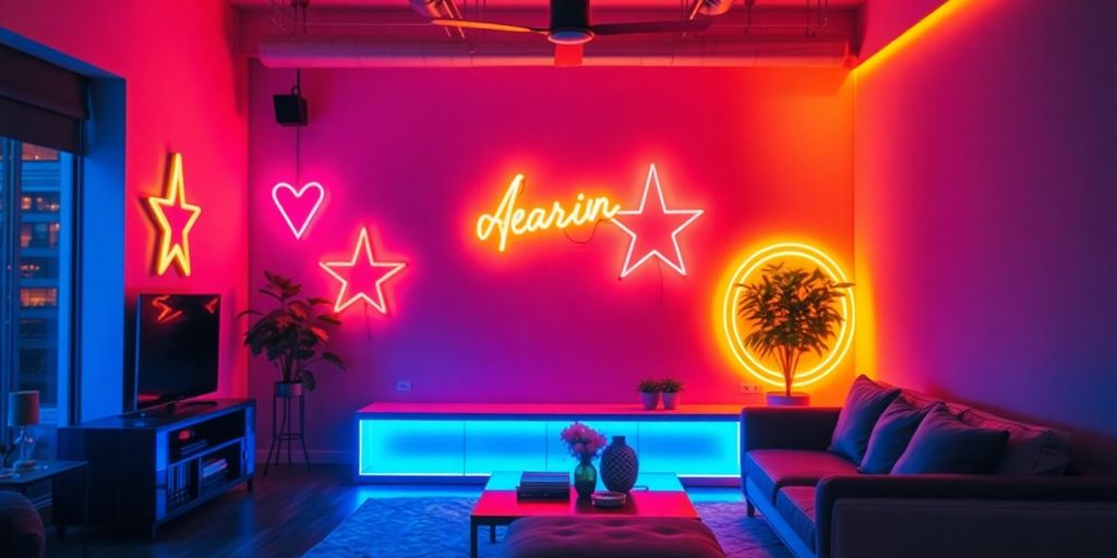 Vibrant custom neon lights illuminating a stylish room.