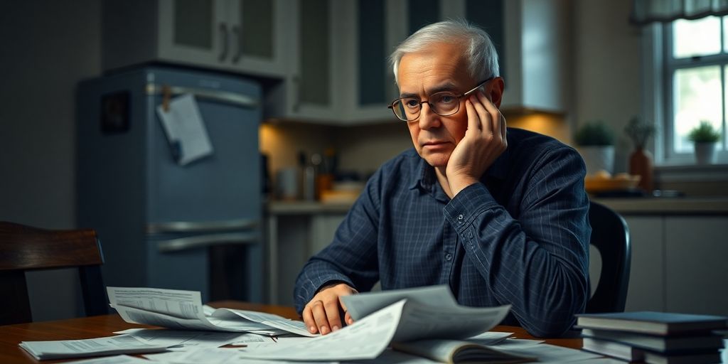 Baby boomer stressed over bills at kitchen table.