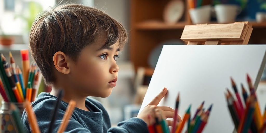 Young artist contemplates colorful paints.