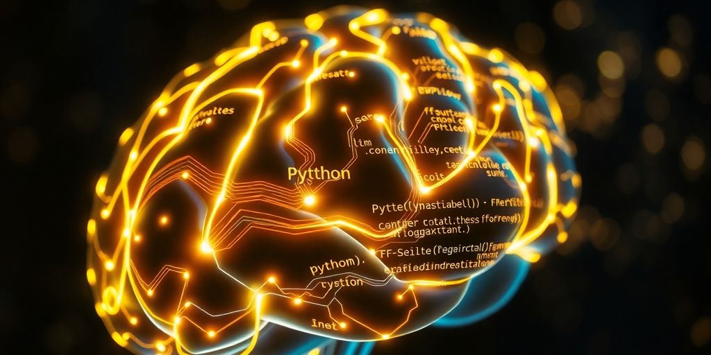 Python code, glowing brain, and circuit board.