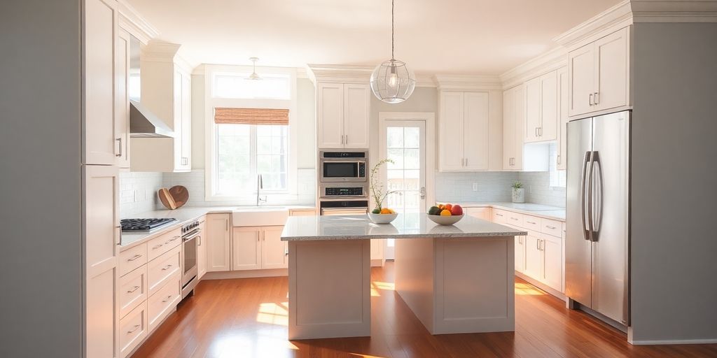 Modern kitchen with new cabinets and island.