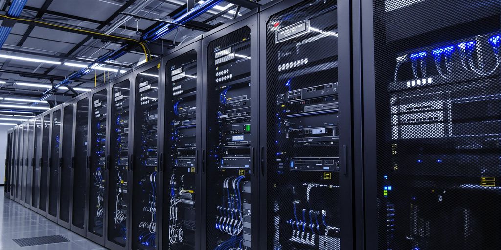 Close-up of high-performance dedicated servers in a data center.