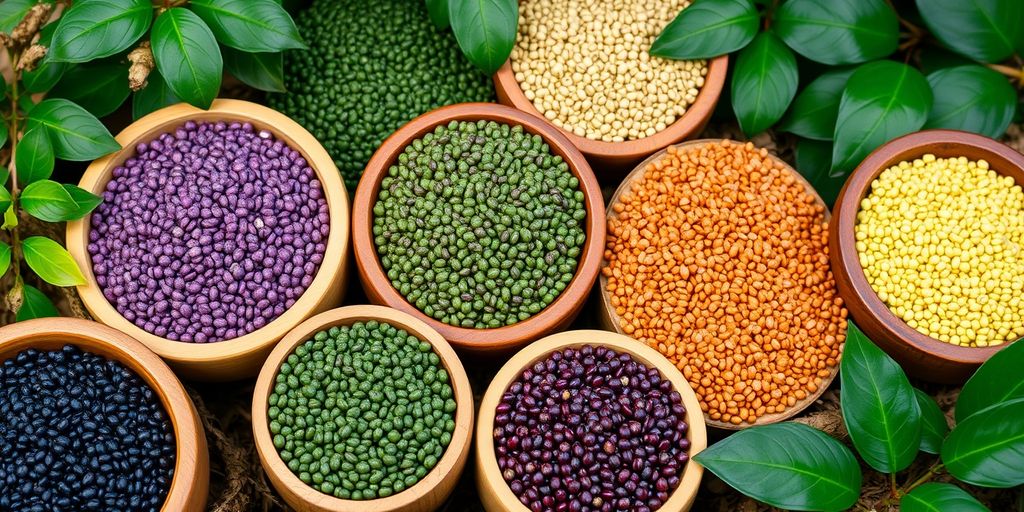 Colorful chia seeds in bowls with green leaves.