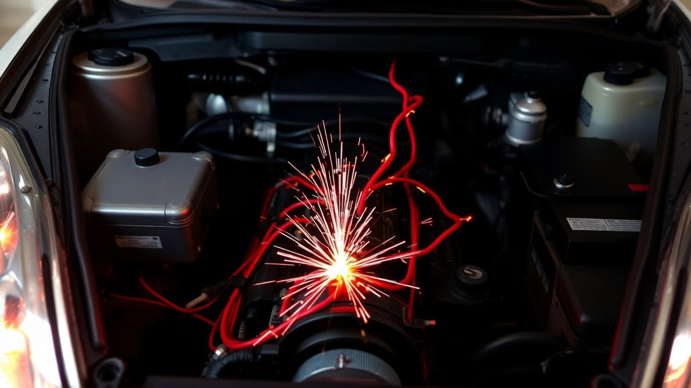 Car engine with sparking red electrical wires.