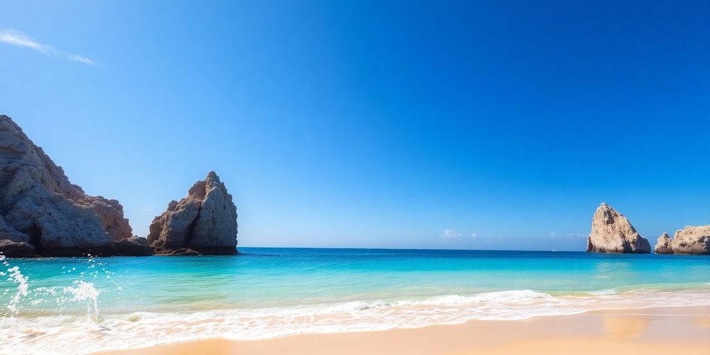 Sunny beach with turquoise water and rock formations.