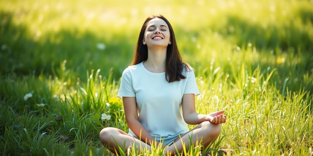 Person meditating peacefully outdoors.