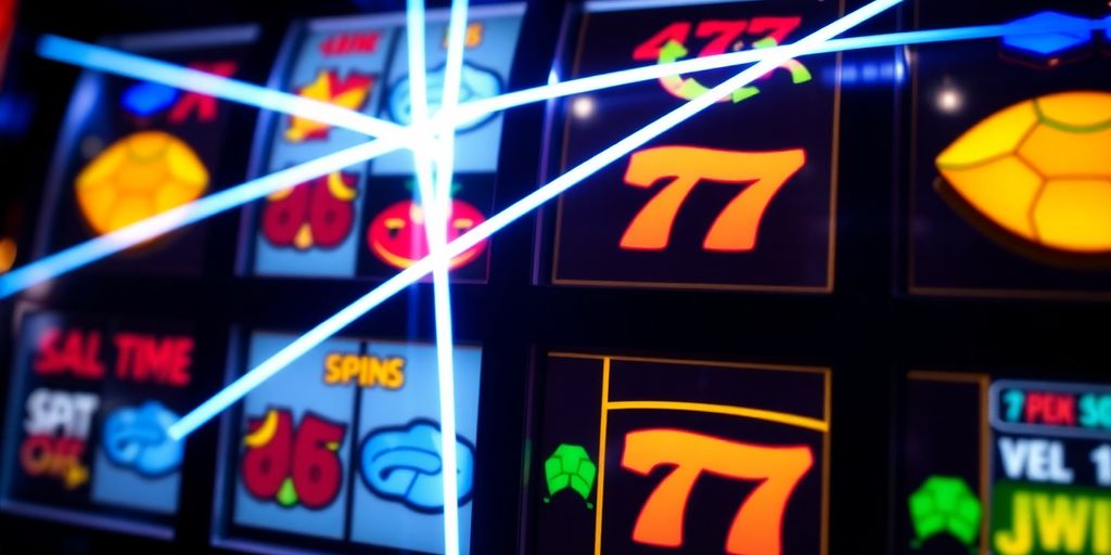 Spinning slot machine reels with glowing paylines.