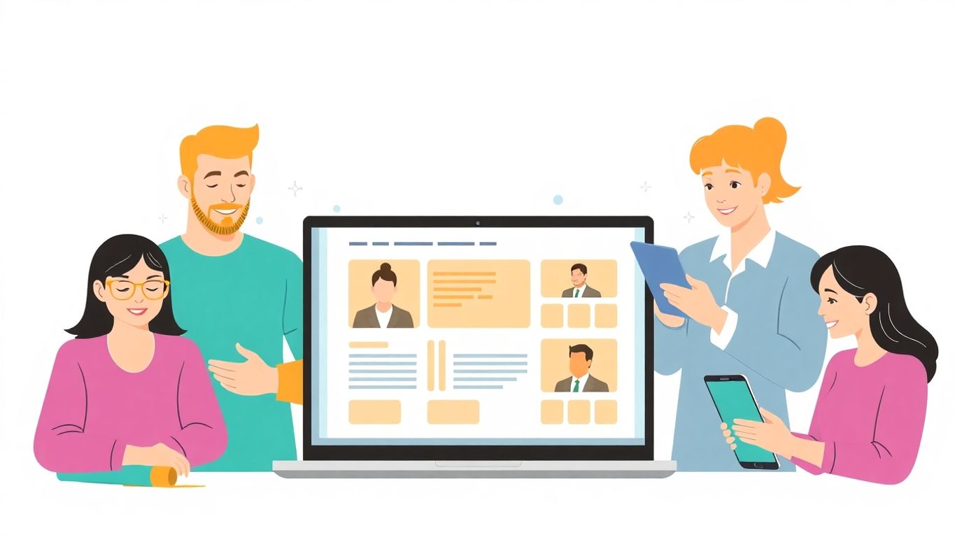 Illustrasjon av folk som bruker en nettside på enheter.