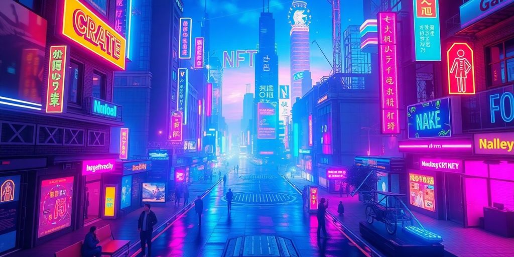 Futuristic cityscape with augmented reality and digital art.