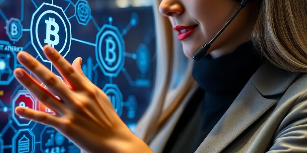 Customer service representative with blockchain technology interface background.