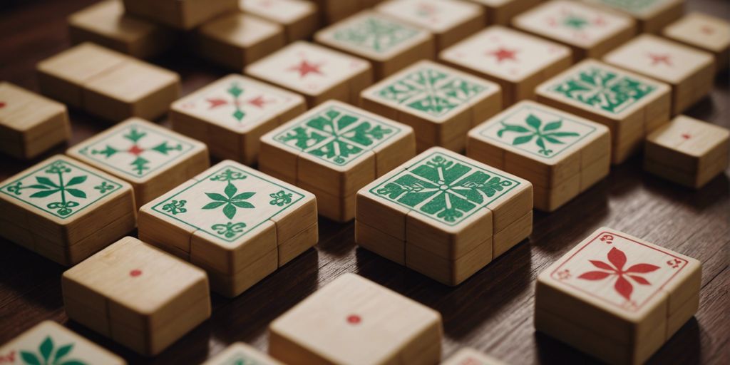 Close-up of Mahjong bamboo tiles on a wooden table, showcasing their detailed and intricate designs.
