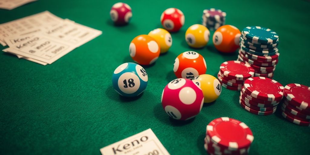 Keno balls, tickets, and chips on a vibrant green table.