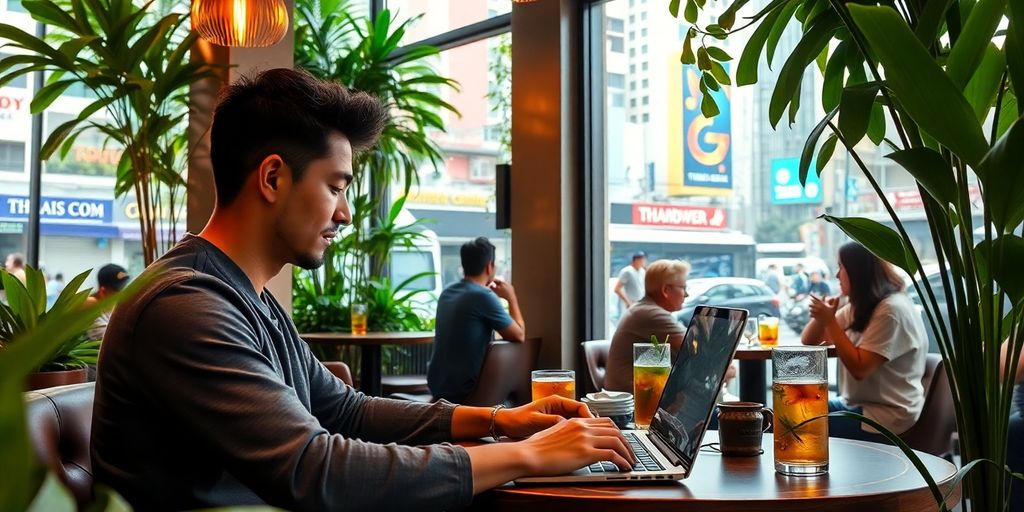 Digital nomad working in a Bangkok café.