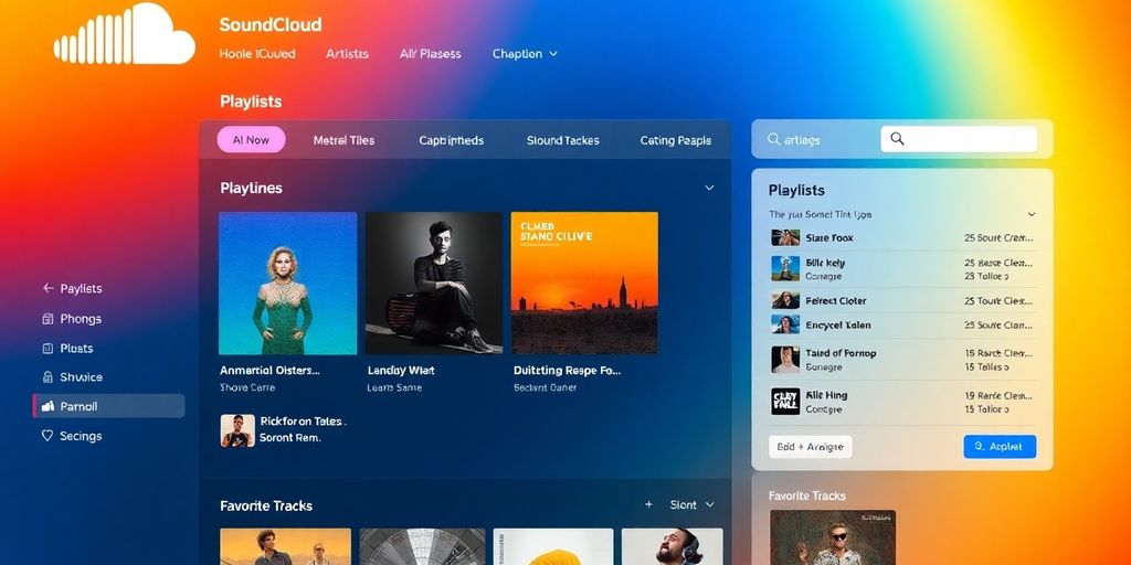 Colorful SoundCloud interface displaying music playlists and tracks.