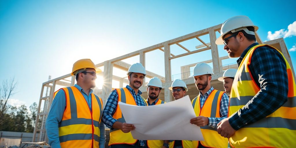 Construction site with blueprints and hard hats.