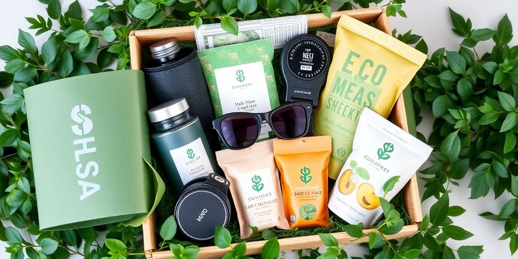Eco-friendly gift box filled with sustainable products for men.