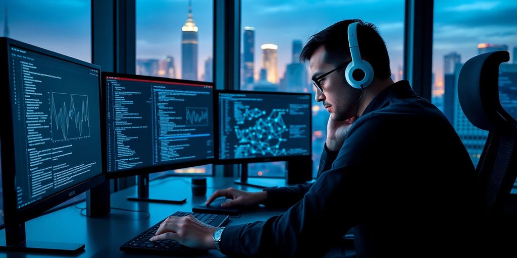 A blockchain systems engineer at work with computer screens.