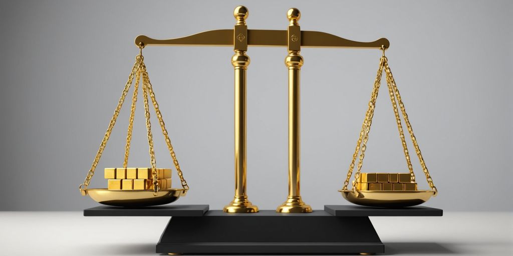 Scale with gold bars and risk symbol