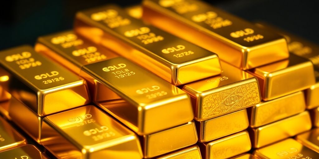 Lingots d'or brillants empilés sur un fond neutre.