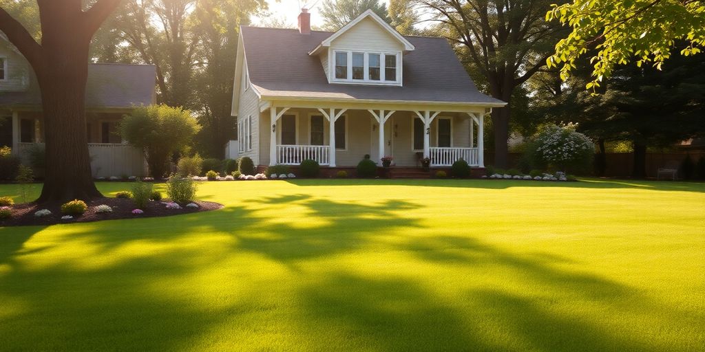 A beautiful house with a garden under sunny skies.