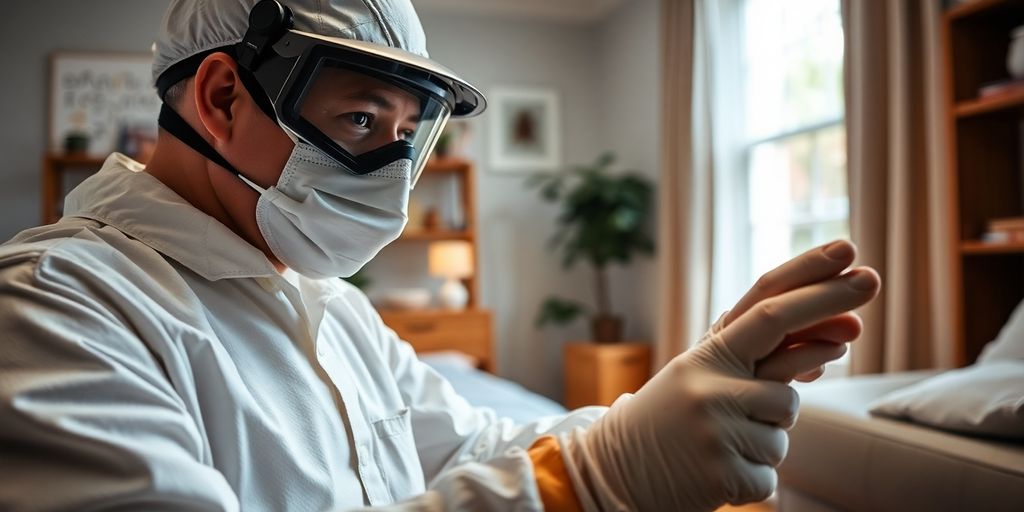 Tehnician de deratizare inspectează un apartament.