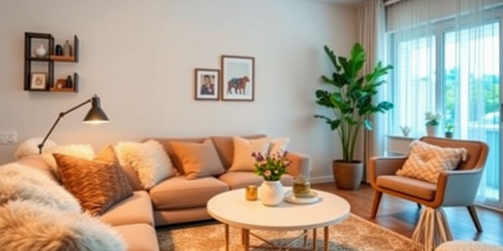 Cozy living room with modern decor and warm lighting.