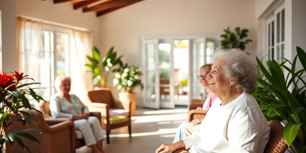 Casa de repouso confortável com jardim e áreas aconchegantes.