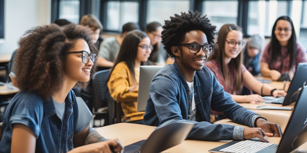 diverse group of students using computers in a modern classroom