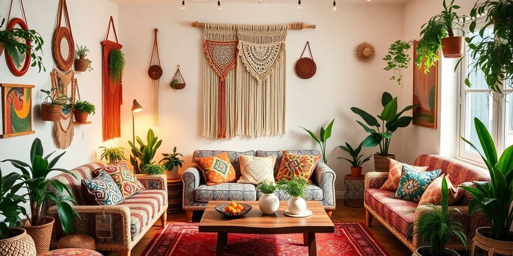Sala de estar boho chic com decoração vibrante.