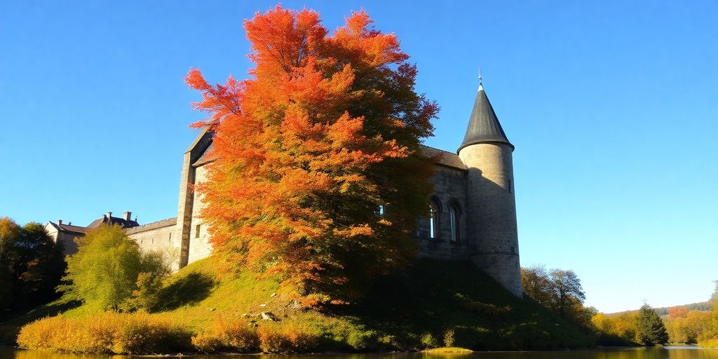 Schilderachtig Bilzen: kasteelruïne bij rivier, herfstkleuren.