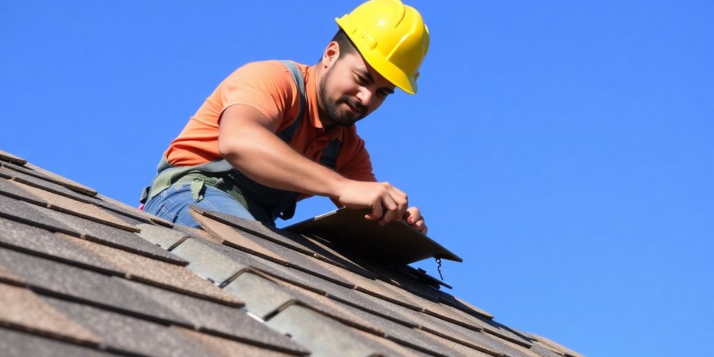 Roofer installing shingles on a new roof.