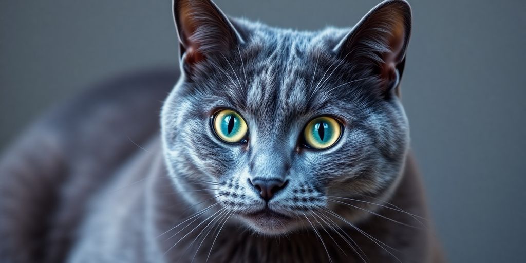 A Russian Blue cat with a sleek blue-gray coat.