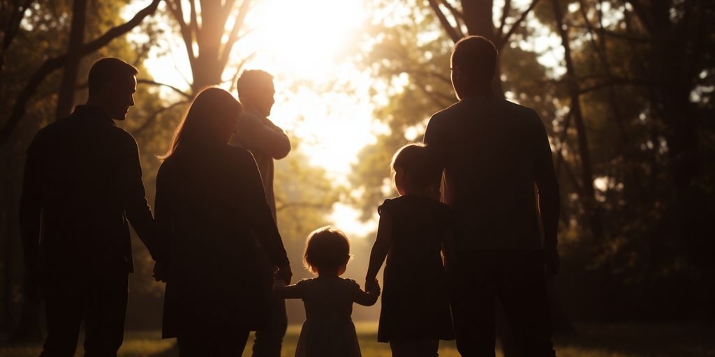 Silhouettes of a family united in prayer outdoors.