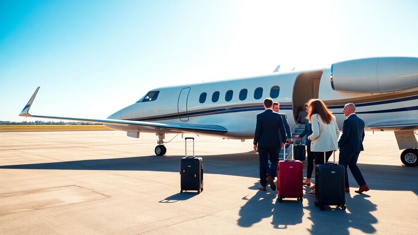 Group boarding private jet on sunny airport runway.