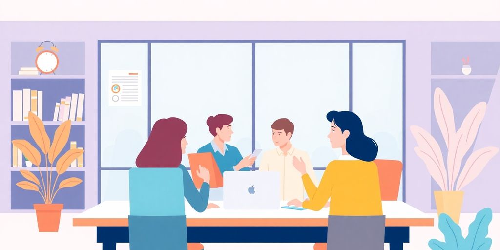 Kontorlandskap med ansatte som jobber sammen.