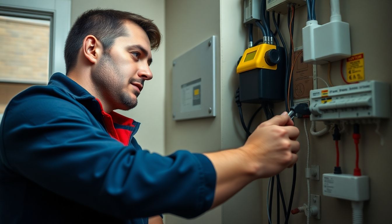 Electrician inspecting wiring in a London home.