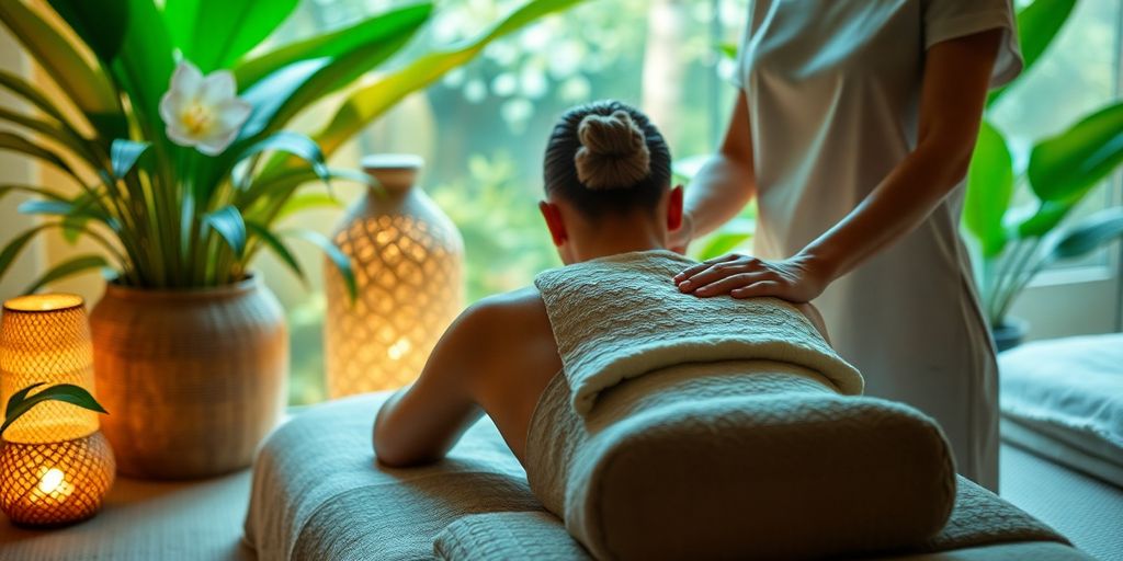 Spa therapist applying warm compress to client's back.