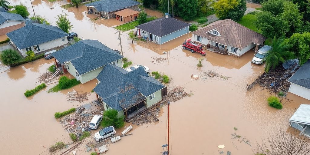 Flooded homes with water damage and debris scattered around.