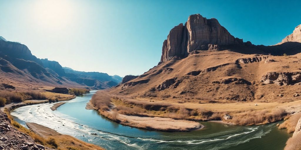 Rocky outcrop, river, clear sky